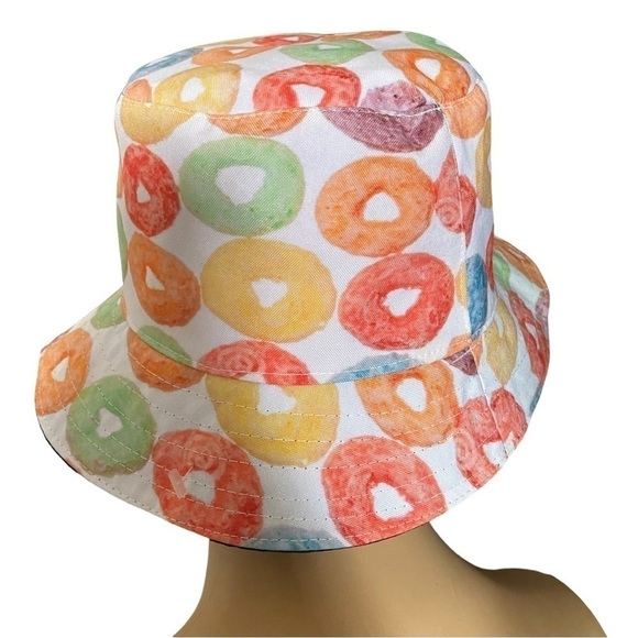 Colorful Printed  Bucket Hat Festive Fun Fruit Loop Bucket Hat w Sweatband NWOT - Picture 5 of 9